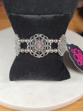 Silver Filigree Pink Accent Stretch Bracelet
